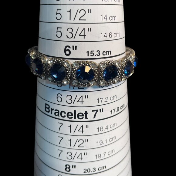 Deep Blue Rhinestone Stretch Bracelet Silver-Tone Vintage Style Statement - Picture 7 of 7